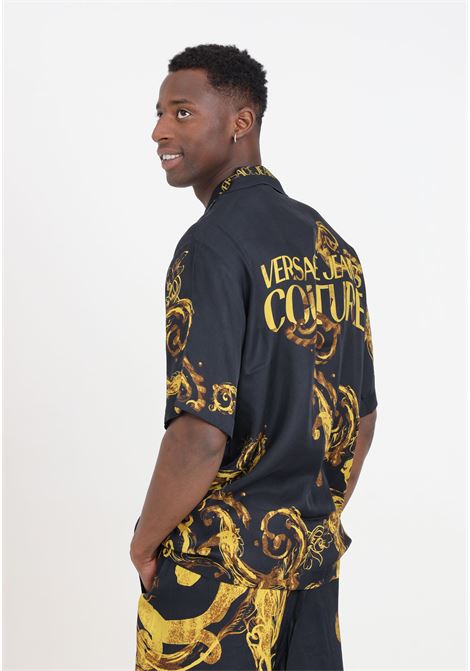 Black men's shirt with gold watercolor pattern VERSACE JEANS COUTURE | 76GAL2BWNS412G89